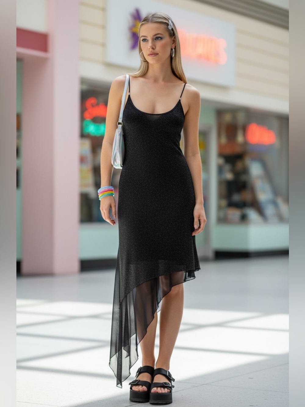 Vintage 90s Y2K Charlotte Russe Black Glitter Spaghetti Strap Slip Dress Medium